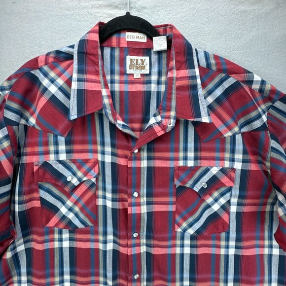 Ely Cattleman Shirt Mens 3X Red Blue Plaid Pearl Snap Big Man Western Rodeo - Picture 2 of 13
